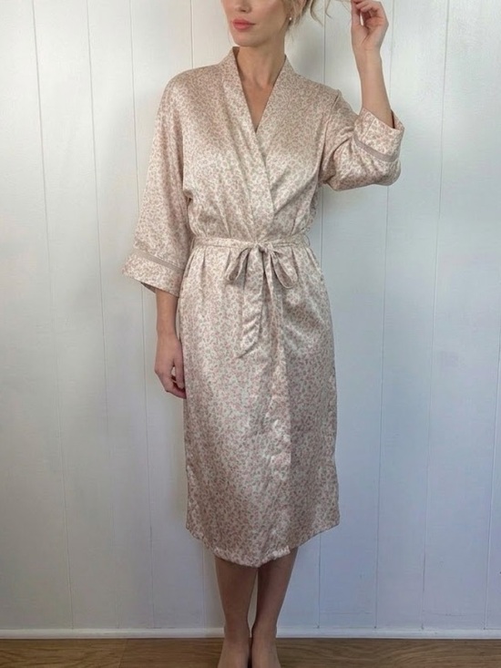Vintage Other - Vintage Cream Pink Rose Satin Kimono Robe Floral Cottagecore Romantic sz medium